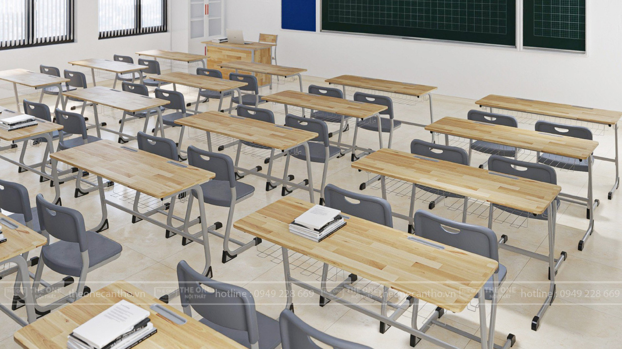 Bàn ghế học sinh cấp 1 gỗ tự nhiên được thiết kế hiện đại.