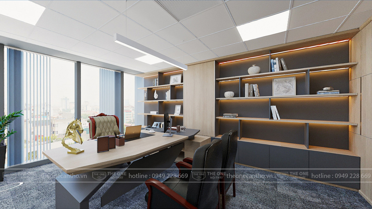 Hệ thống tủ kệ trang trí trong phòng làm việc lãnh đạo.