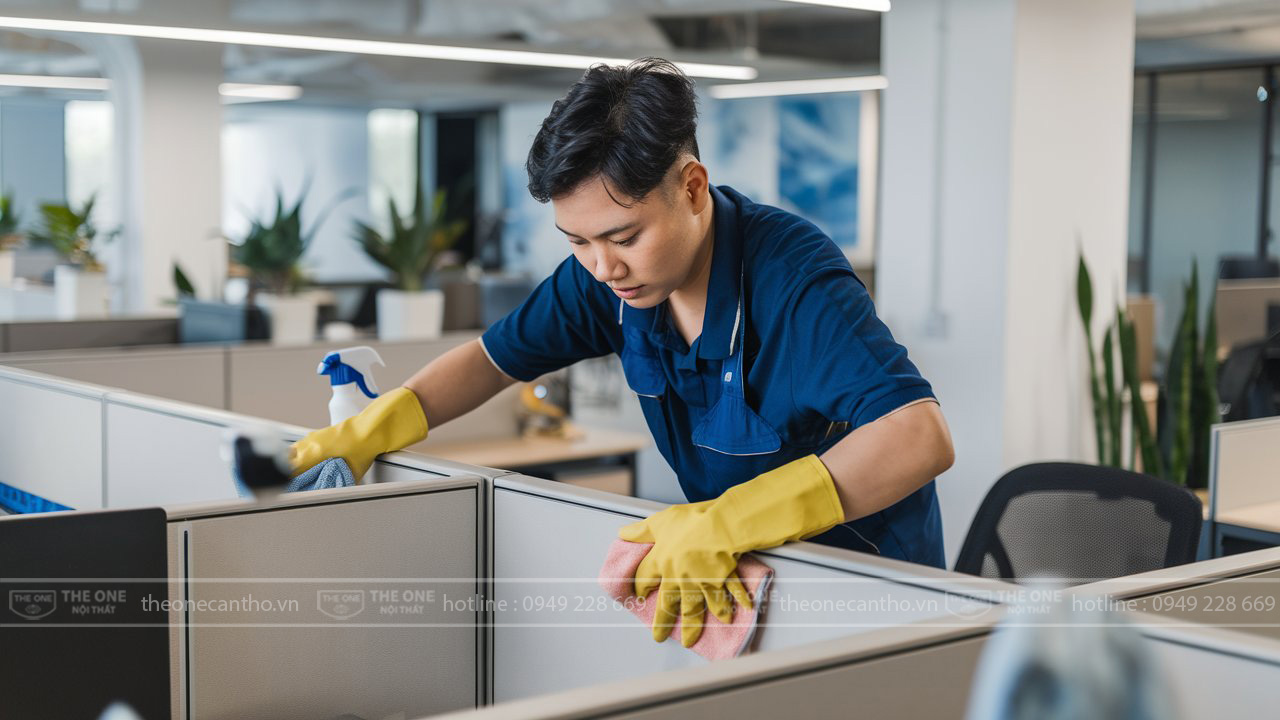Vệ sinh và bảo dưỡng vách ngăn văn phòng.